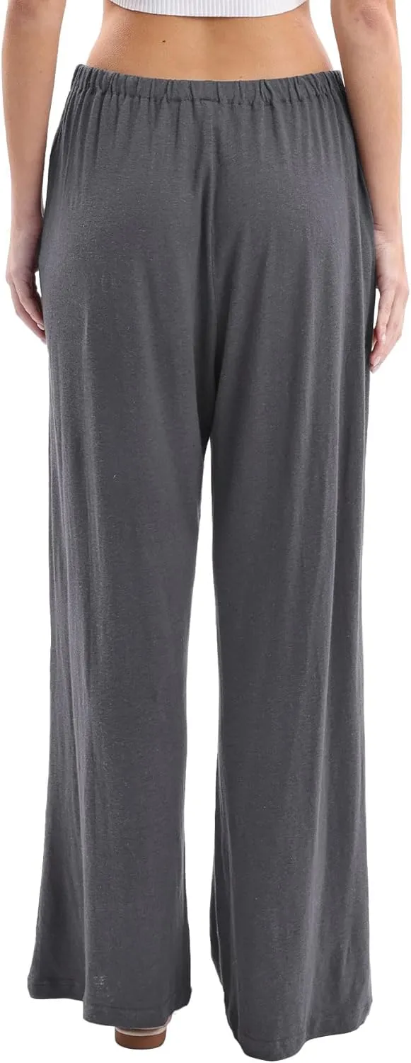 Amazhiyu Womens Linen Knit High Waist Elastic Wide Leg Lounge Pants with Pockets