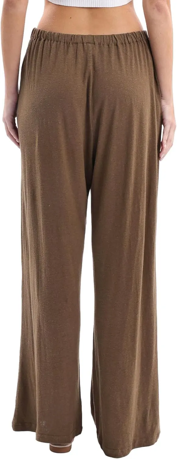Amazhiyu Womens Linen Knit High Waist Elastic Wide Leg Lounge Pants with Pockets