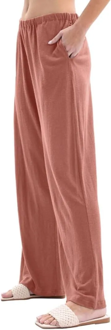 Amazhiyu Womens Linen Knit High Waist Elastic Wide Leg Lounge Pants with Pockets