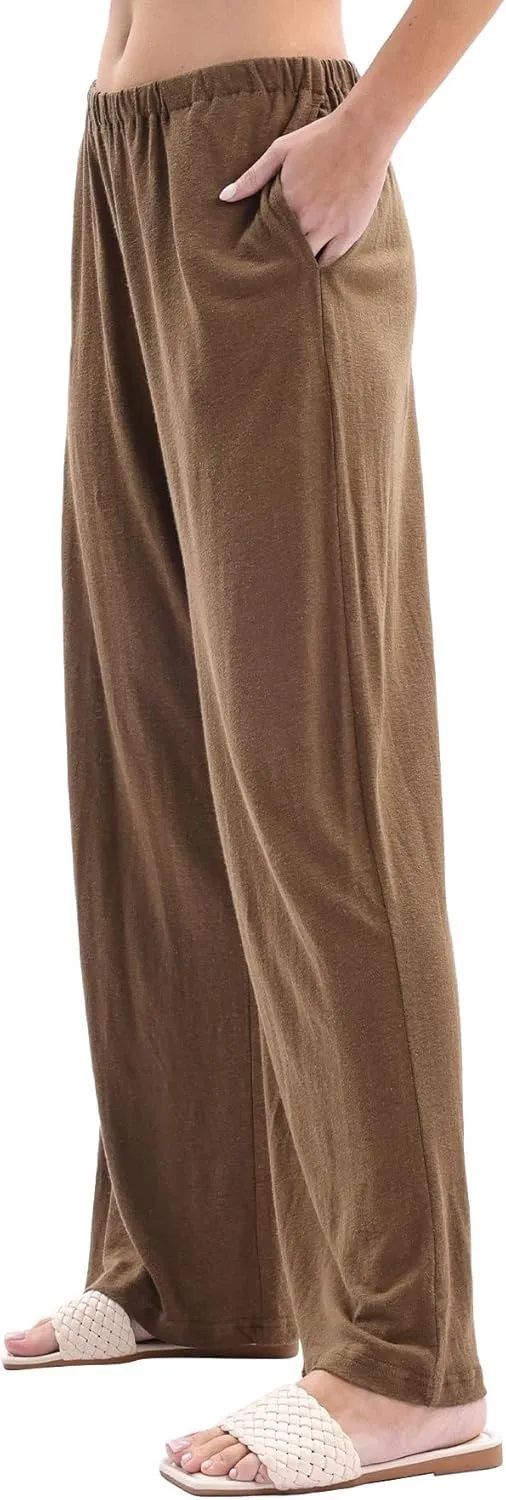 Amazhiyu Womens Linen Knit High Waist Elastic Wide Leg Lounge Pants with Pockets