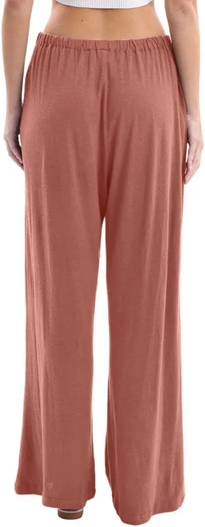 Amazhiyu Womens Linen Knit High Waist Elastic Wide Leg Lounge Pants with Pockets