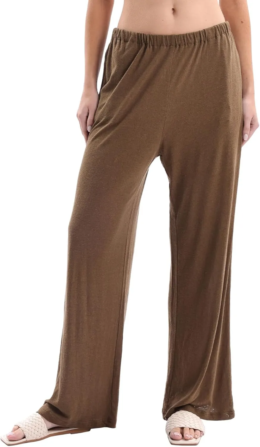 Amazhiyu Womens Linen Knit High Waist Elastic Wide Leg Lounge Pants with Pockets