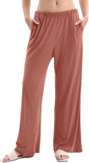 Amazhiyu Womens Linen Knit High Waist Elastic Wide Leg Lounge Pants with Pockets