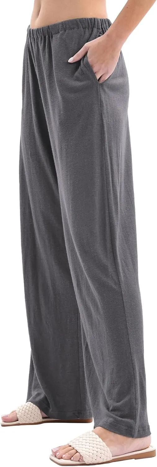 Amazhiyu Womens Linen Knit High Waist Elastic Wide Leg Lounge Pants with Pockets