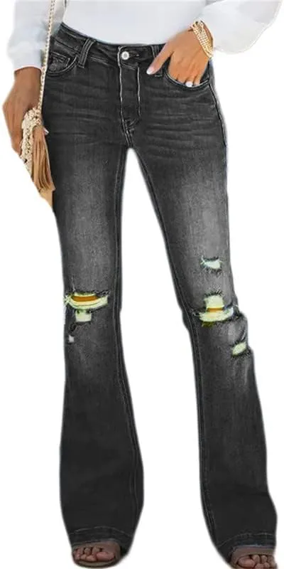 Andongnywell Women's Juniors High Bell Bottoms Jeans Flare Jeans Boho Solid Hippie Wide Leg Denim Flared Bell Bottom Pants
