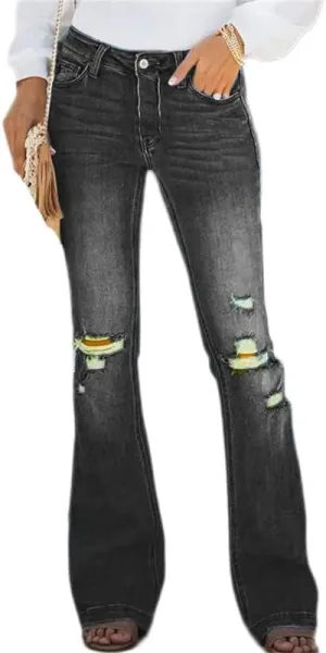 Andongnywell Women's Juniors High Bell Bottoms Jeans Flare Jeans Boho Solid Hippie Wide Leg Denim Flared Bell Bottom Pants