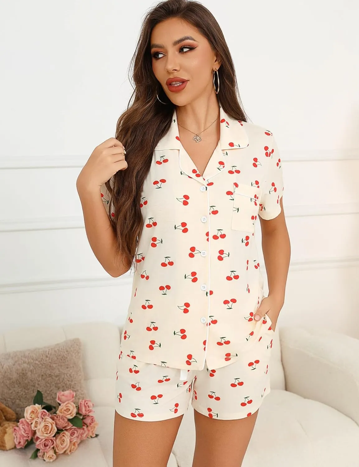 Anjue Womens Pajamas Set Short Sleeve Sleepwear Button Down Nightwear Shorts Soft Pj Sets S-XXL