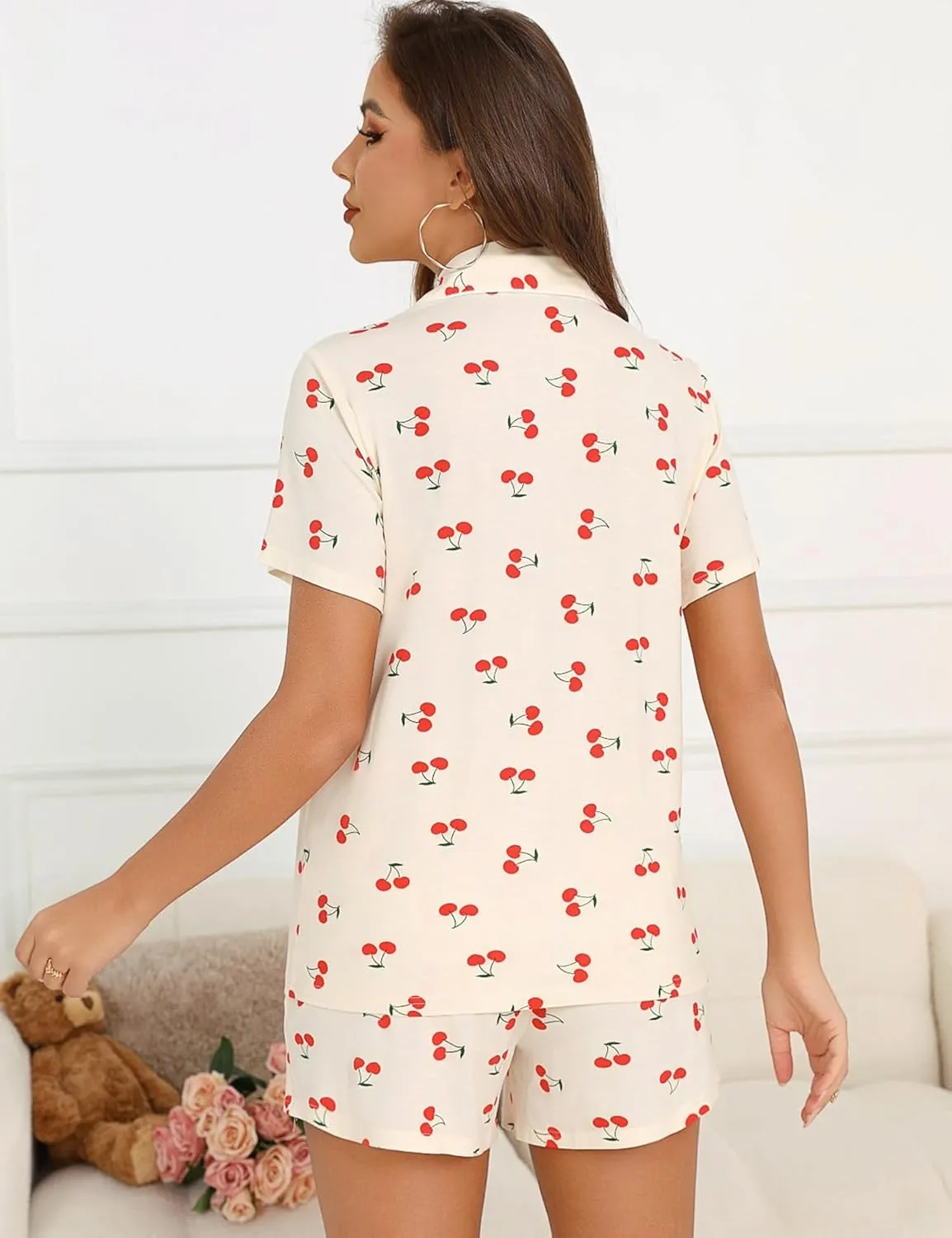 Anjue Womens Pajamas Set Short Sleeve Sleepwear Button Down Nightwear Shorts Soft Pj Sets S-XXL