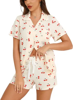 Anjue Womens Pajamas Set Short Sleeve Sleepwear Button Down Nightwear Shorts Soft Pj Sets S-XXL