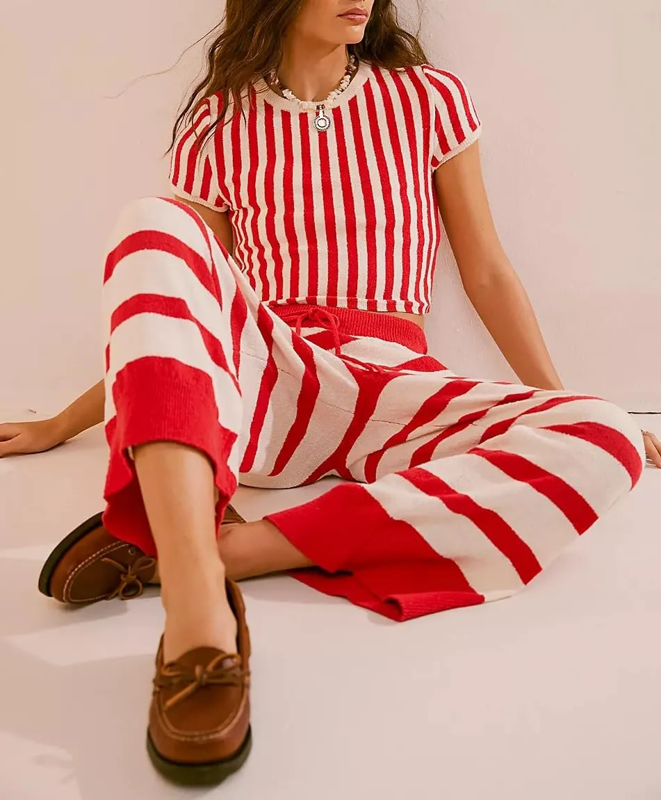 Aonoapll Women Striped Sweater Outfits Knitted Short Sleeve Crop Top Wide Leg Pants Lounge Set Ribbed 2 Piece Tracksuit
