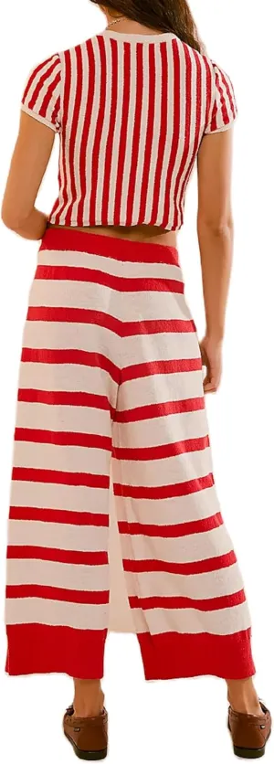Aonoapll Women Striped Sweater Outfits Knitted Short Sleeve Crop Top Wide Leg Pants Lounge Set Ribbed 2 Piece Tracksuit