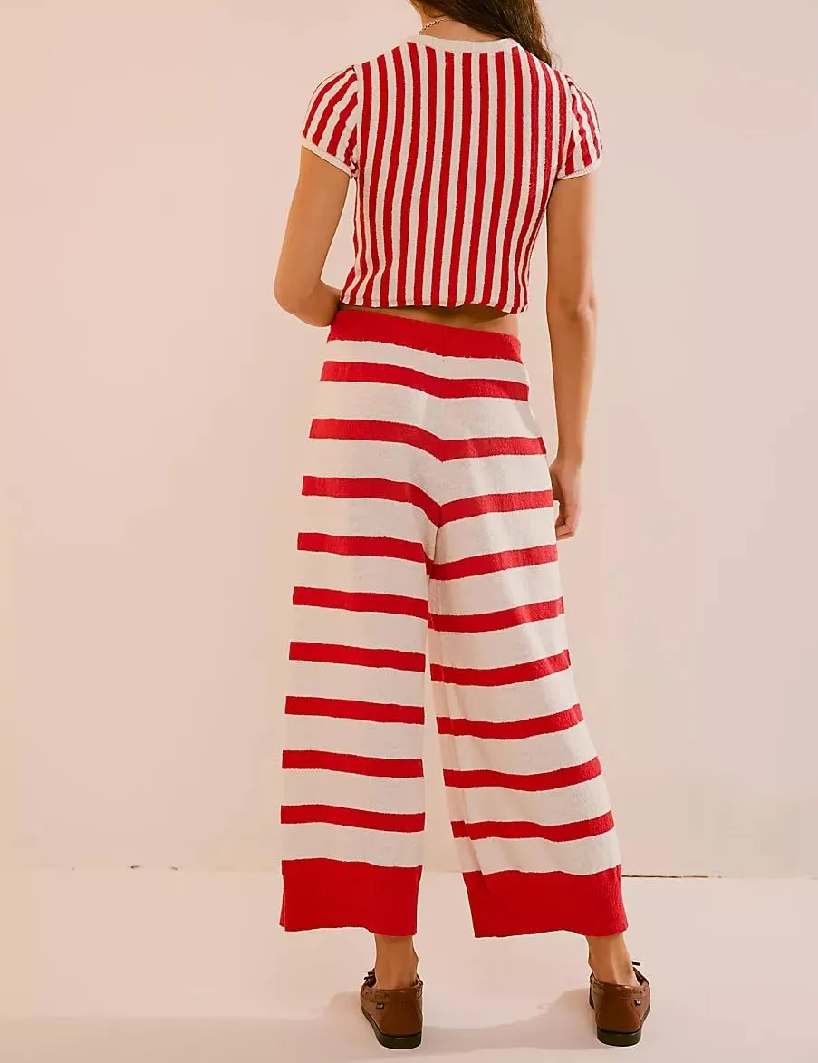 Aonoapll Women Striped Sweater Outfits Knitted Short Sleeve Crop Top Wide Leg Pants Lounge Set Ribbed 2 Piece Tracksuit