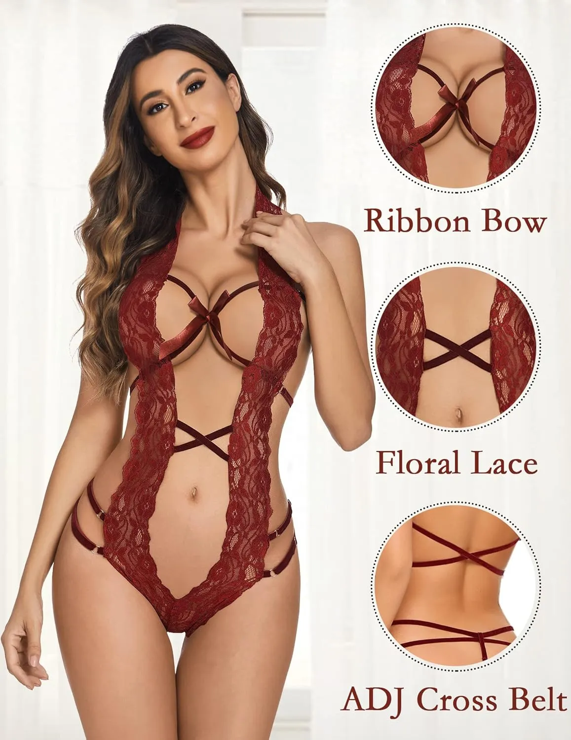 Avidlove Women Deep V Halter Lingerie Teddy One Piece Bodysuit Lace Babydoll