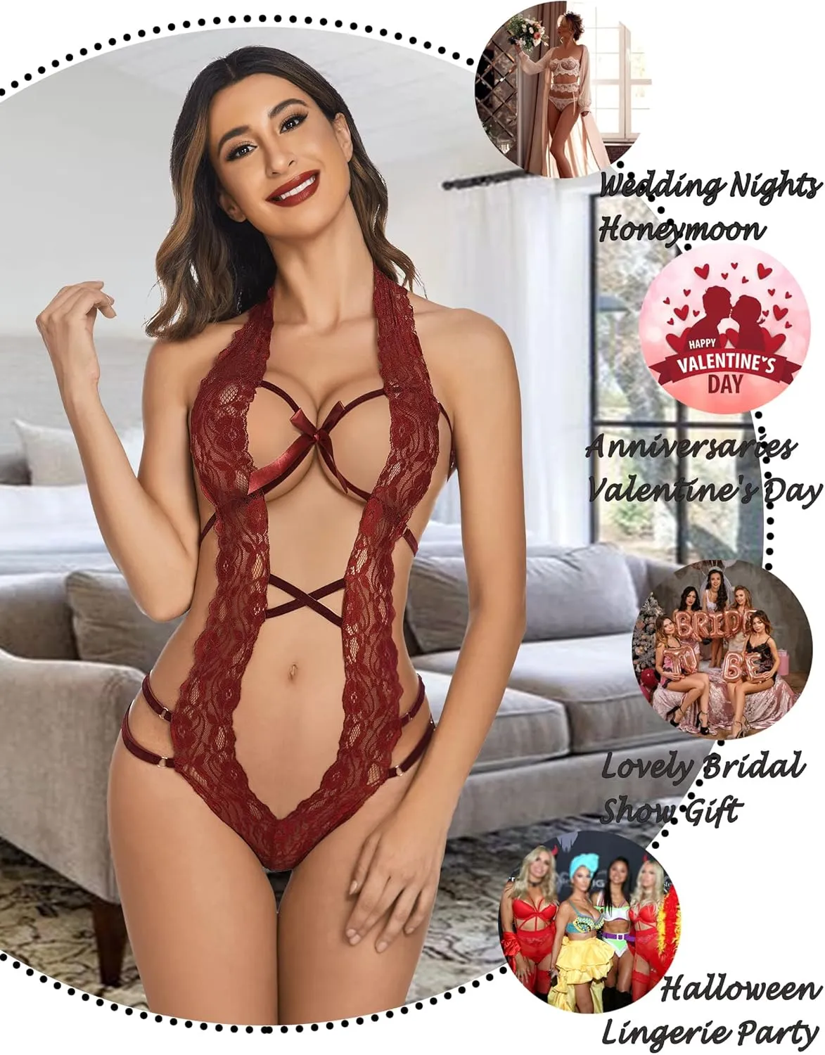 Avidlove Women Deep V Halter Lingerie Teddy One Piece Bodysuit Lace Babydoll