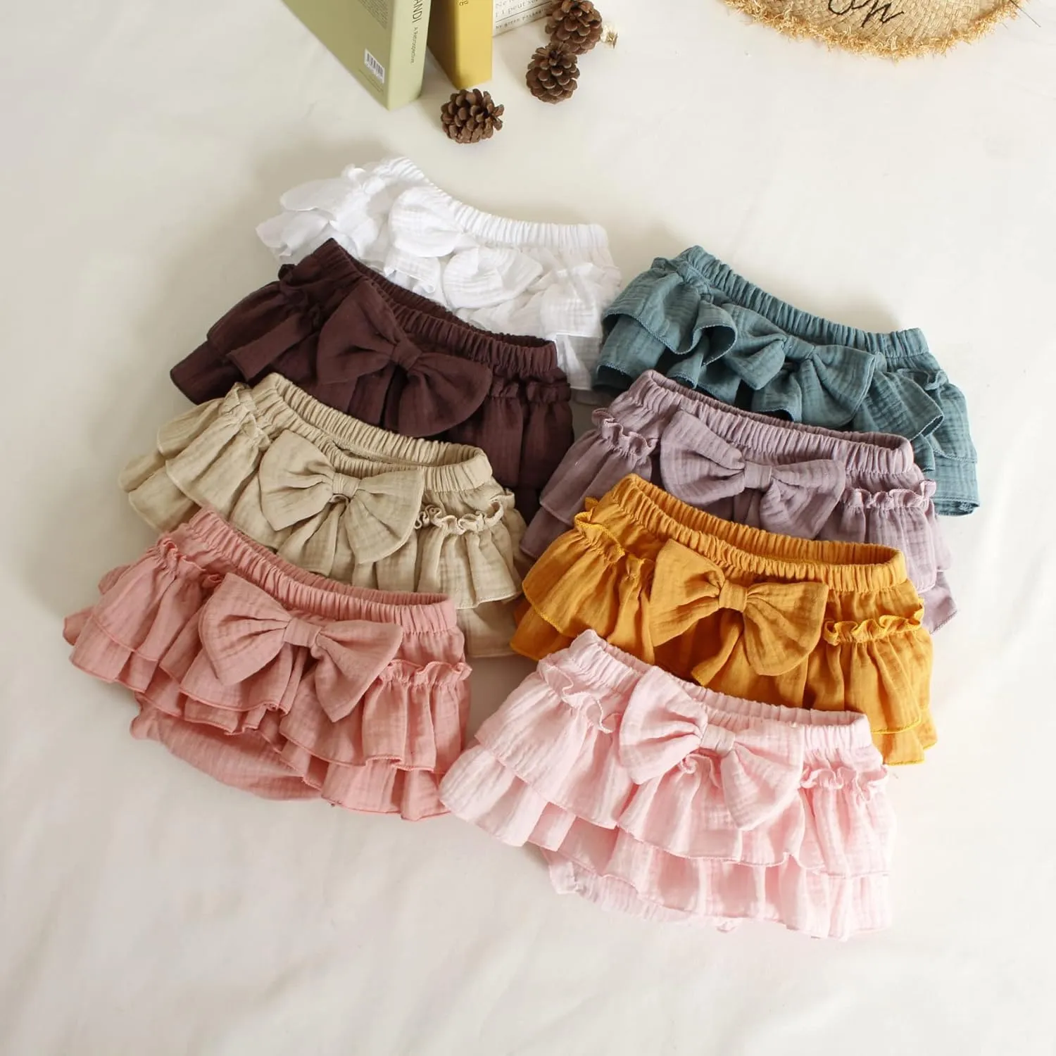 Baby Girls Bloomer Skirt Shorts Bowknot Cotton Gauze Ruffle Diaper Cover Shorts Briefs Cute Bloomers Underpants