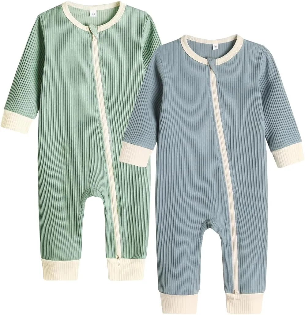 Bafeicao Unisex Baby Boy Girl 2 Pack Rompers Long Sleeve Two Way Zipper Romper One Piece Jumpsuits Clothes Sets