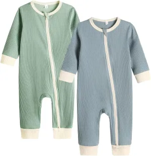 Bafeicao Unisex Baby Boy Girl 2 Pack Rompers Long Sleeve Two Way Zipper Romper One Piece Jumpsuits Clothes Sets