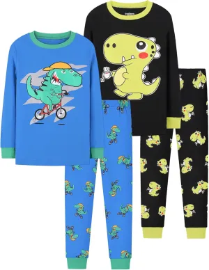 Benaive Boys Pajamas Long Sleeves Sets 100% Cotton 4 Pieces Kids School PJs Boys Sleepwear Size 2T-12 Years