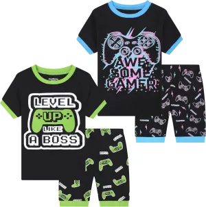 Benaive Boys Summer Pajamas 4 Pieces Cotton Kids PJs Shorts Sleepwear Size 2T-12 Years