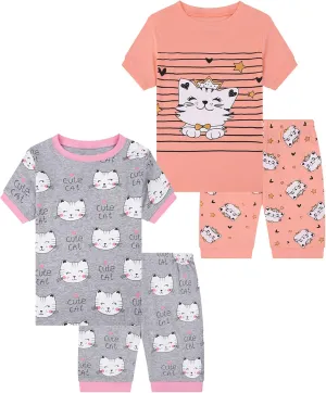 Benaive Girls Summer Pajamas 4 Pieces 100% Cotton Girls PJs Short Sets Kids Sleepwear Size 2T-12 Years