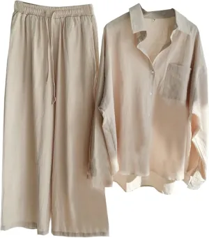 Beralst Women's 2 Piece Set, Linen Button Down Shirt   Wide Leg Pants Tracksuit