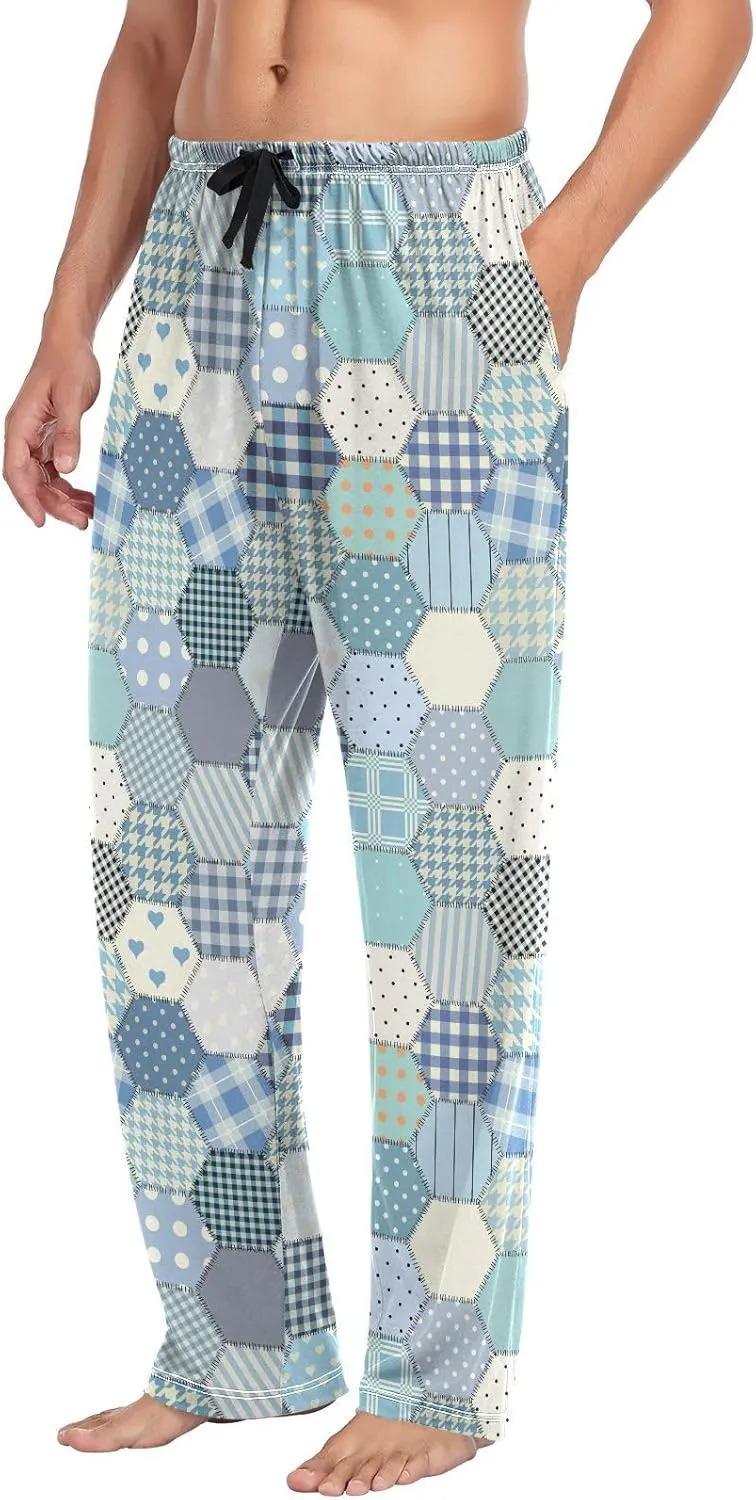 Blue Patchwork Hexagon Quilt Men's Pajama Pants Sleepwear Lounge Pajama Bottoms