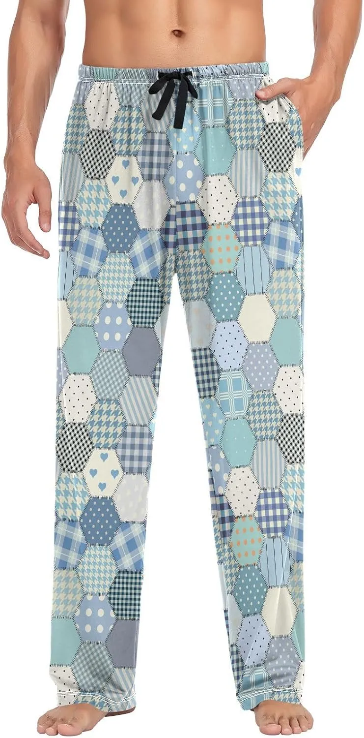 Blue Patchwork Hexagon Quilt Men's Pajama Pants Sleepwear Lounge Pajama Bottoms