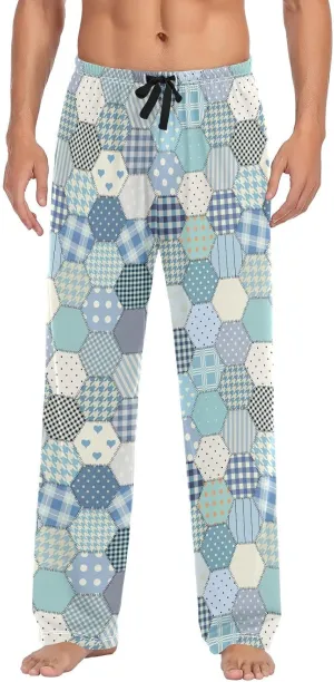 Blue Patchwork Hexagon Quilt Men's Pajama Pants Sleepwear Lounge Pajama Bottoms