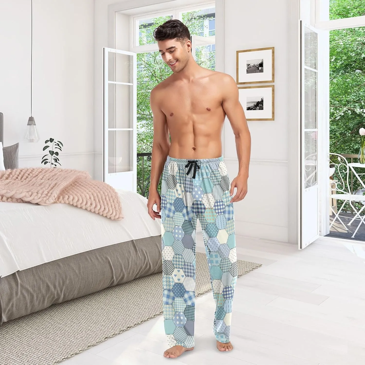 Blue Patchwork Hexagon Quilt Men's Pajama Pants Sleepwear Lounge Pajama Bottoms