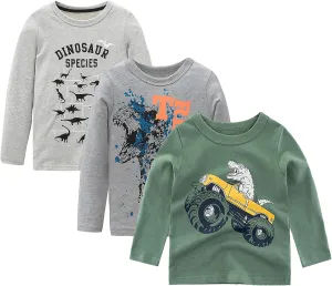 Boys Long Sleeve T-Shirts Casual Cotton Shirts Graphic Active Crewneck Tee Shirts for Toddler Kids Boys 3 Pack