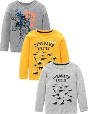Boys Long Sleeve T-Shirts Casual Cotton Shirts Graphic Active Crewneck Tee Shirts for Toddler Kids Boys 3 Pack