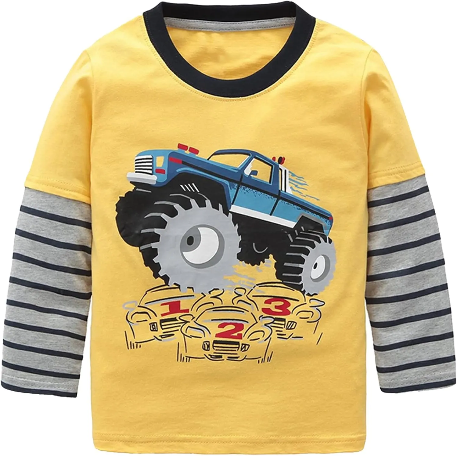 Boys Long Sleeve T-Shirts Casual Cotton Shirts Graphic Active Crewneck Tee Shirts for Toddler Kids Boys 3 Pack