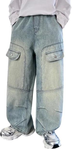 Boy's Straight Leg Cargo Baggy Jeans Elastic Waist Denim Pants with Pockets Trousers Classic Wide Trousers for Kids Jean