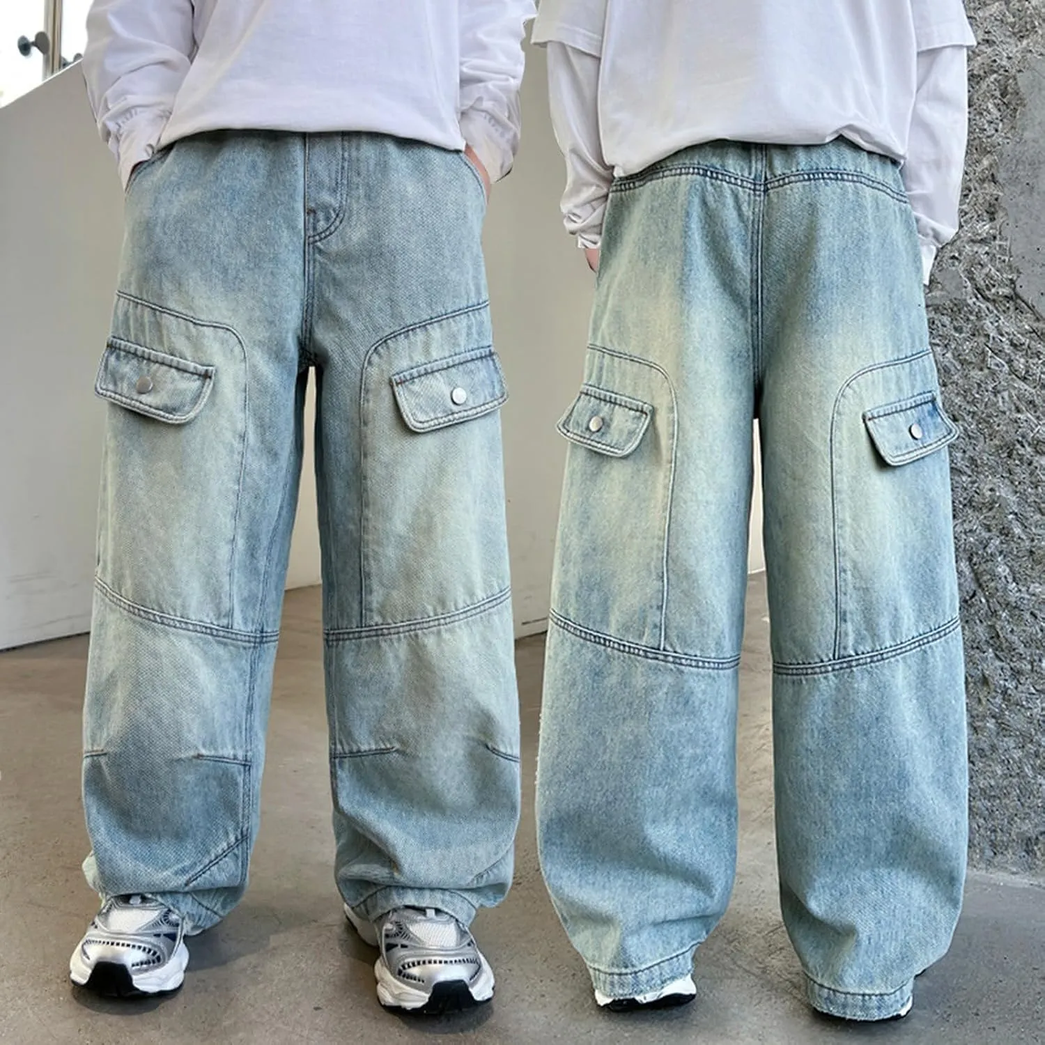 Boy's Straight Leg Cargo Baggy Jeans Elastic Waist Denim Pants with Pockets Trousers Classic Wide Trousers for Kids Jean