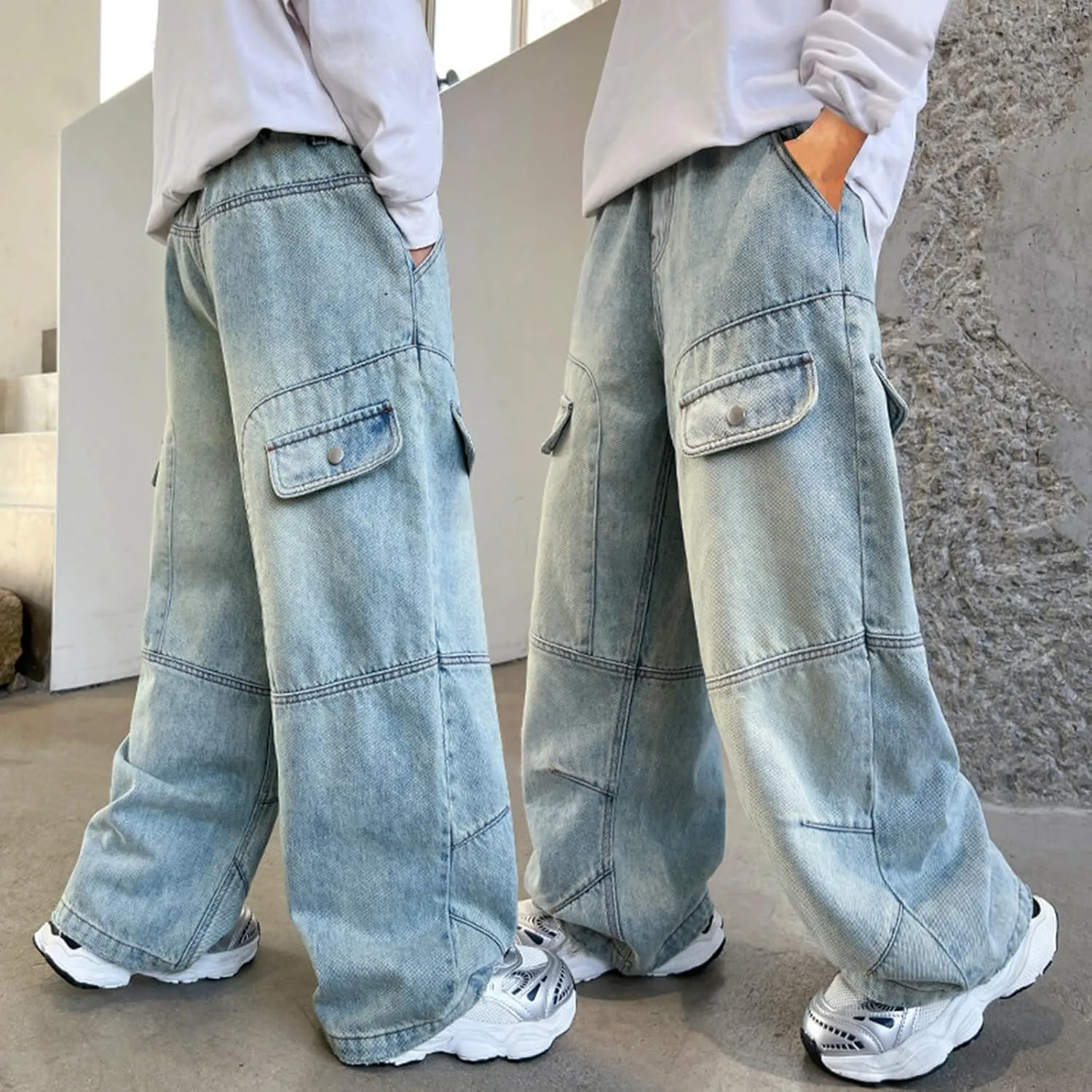 Boy's Straight Leg Cargo Baggy Jeans Elastic Waist Denim Pants with Pockets Trousers Classic Wide Trousers for Kids Jean