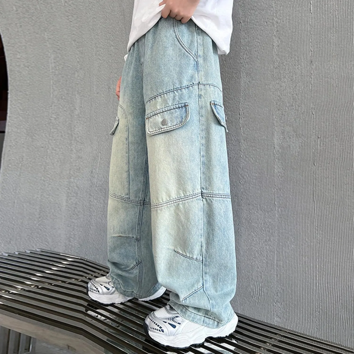 Boy's Straight Leg Cargo Baggy Jeans Elastic Waist Denim Pants with Pockets Trousers Classic Wide Trousers for Kids Jean