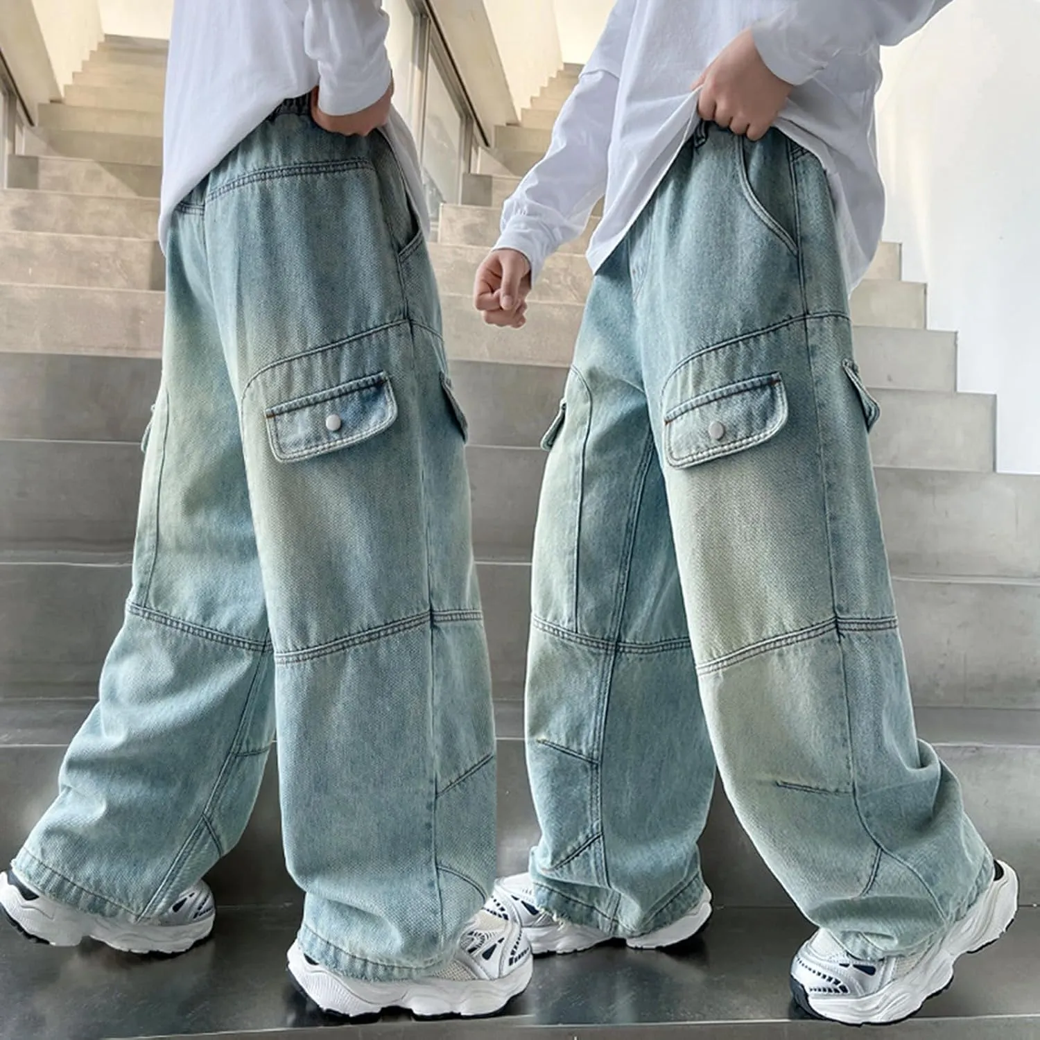 Boy's Straight Leg Cargo Baggy Jeans Elastic Waist Denim Pants with Pockets Trousers Classic Wide Trousers for Kids Jean