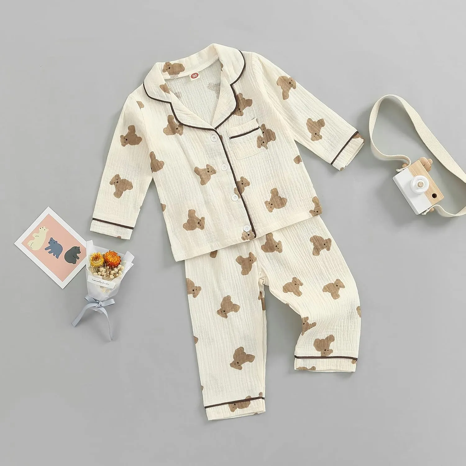 BULINGNA Kids Toddler Girl Boy Two Piece Pajamas Set Button Down Pajama Shirt Top Pants Shorts Bear Sleepwear Pjs Set