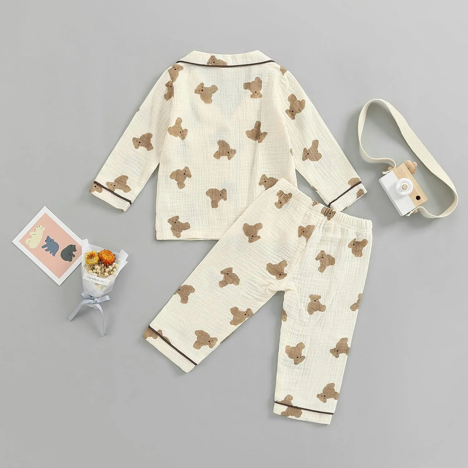 BULINGNA Kids Toddler Girl Boy Two Piece Pajamas Set Button Down Pajama Shirt Top Pants Shorts Bear Sleepwear Pjs Set