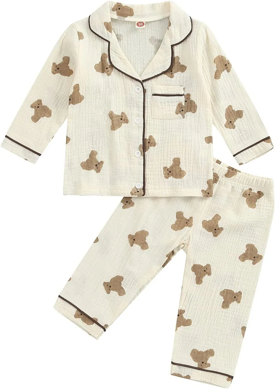 BULINGNA Kids Toddler Girl Boy Two Piece Pajamas Set Button Down Pajama Shirt Top Pants Shorts Bear Sleepwear Pjs Set