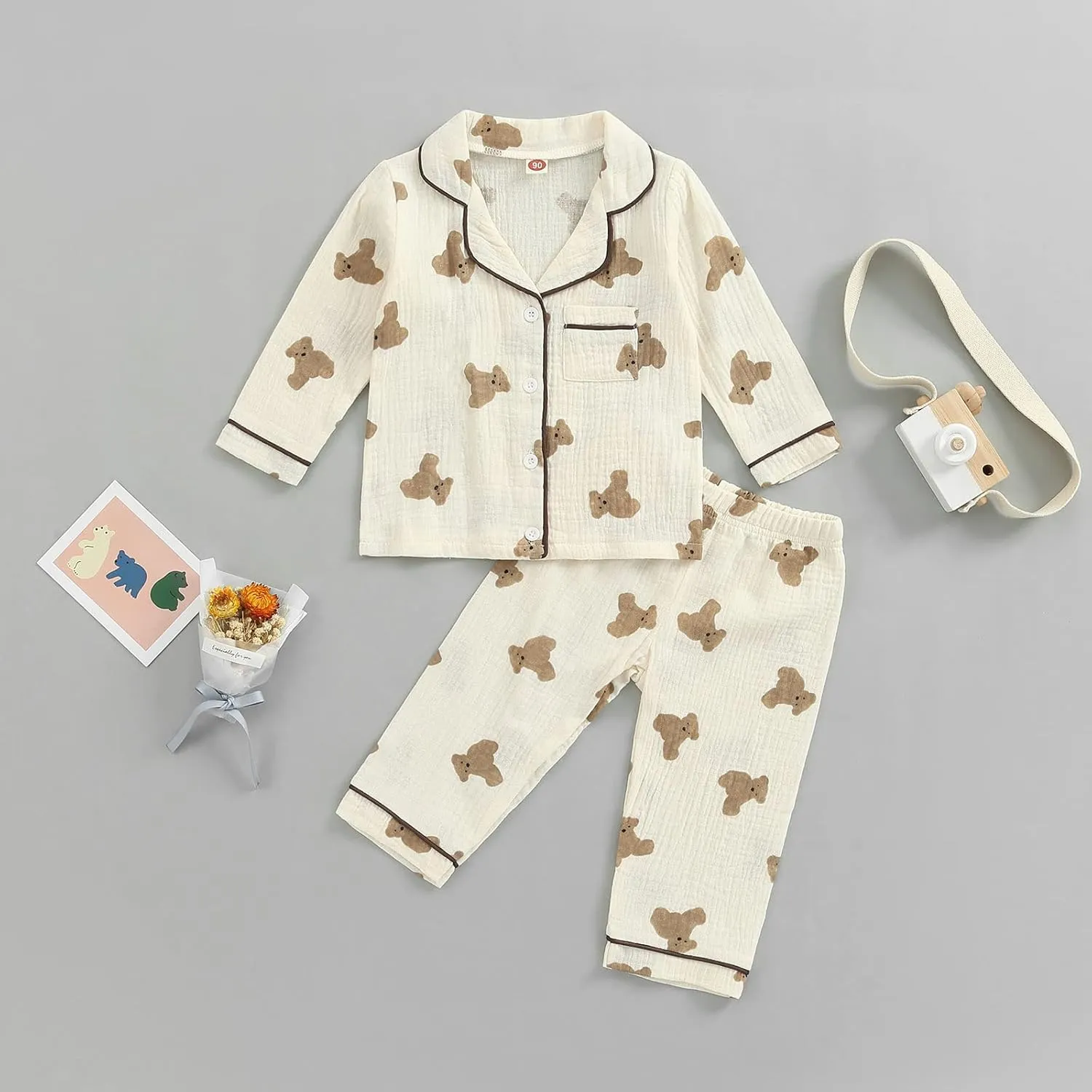 BULINGNA Kids Toddler Girl Boy Two Piece Pajamas Set Button Down Pajama Shirt Top Pants Shorts Bear Sleepwear Pjs Set