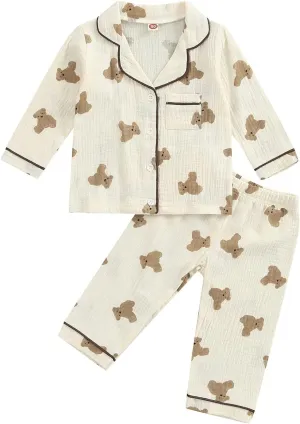 BULINGNA Kids Toddler Girl Boy Two Piece Pajamas Set Button Down Pajama Shirt Top Pants Shorts Bear Sleepwear Pjs Set