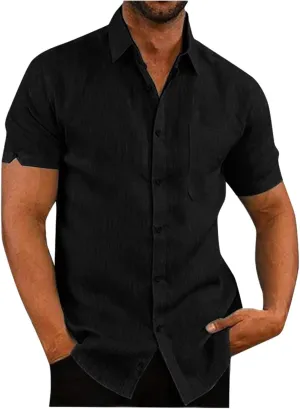 Button Down Shirts for Men Short Sleeve Cotton Lined Hawaiian T-Shirts Summer Lapel Collared Beach Shirts Solid Tops
