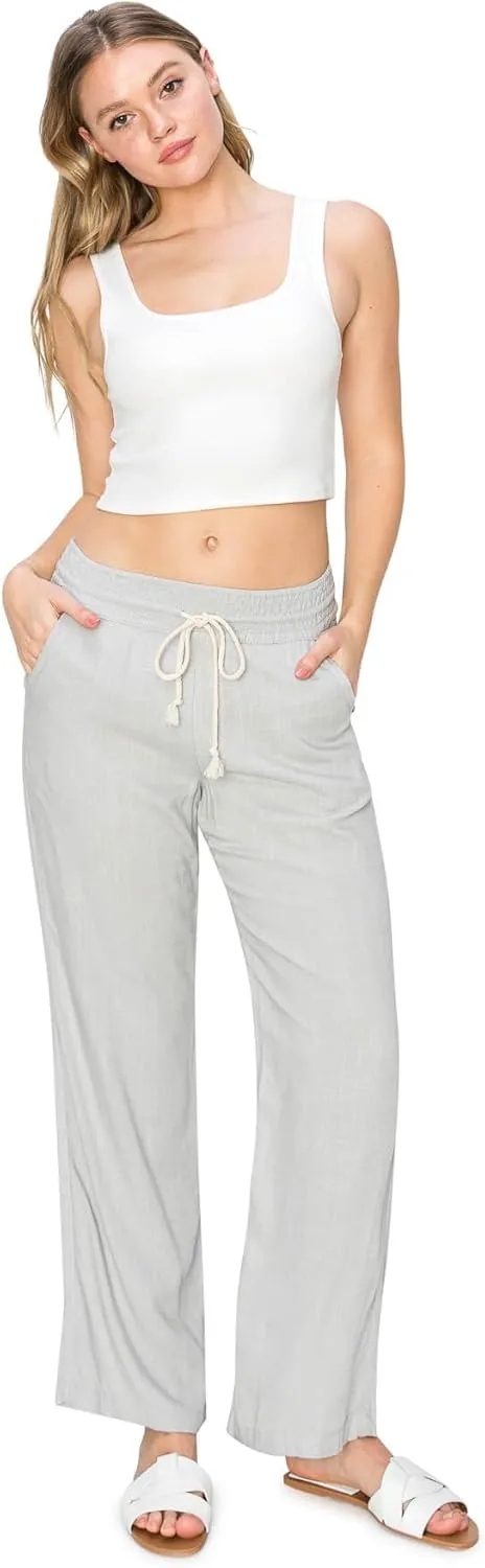 Cali1850 Women's Casual Relaxed Fit 29" Inseam Drawstring High Rise Smocked Linen Pants for Lounge and Beach Wear