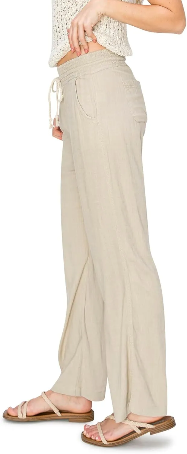 Cali1850 Women's Casual Relaxed Fit 29" Inseam Drawstring High Rise Smocked Linen Pants for Lounge and Beach Wear