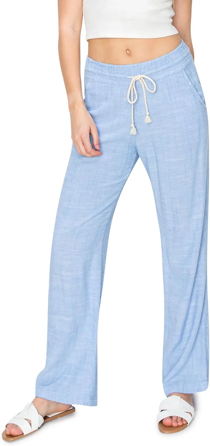 Cali1850 Women's Casual Relaxed Fit 29" Inseam Drawstring High Rise Smocked Linen Pants for Lounge and Beach Wear