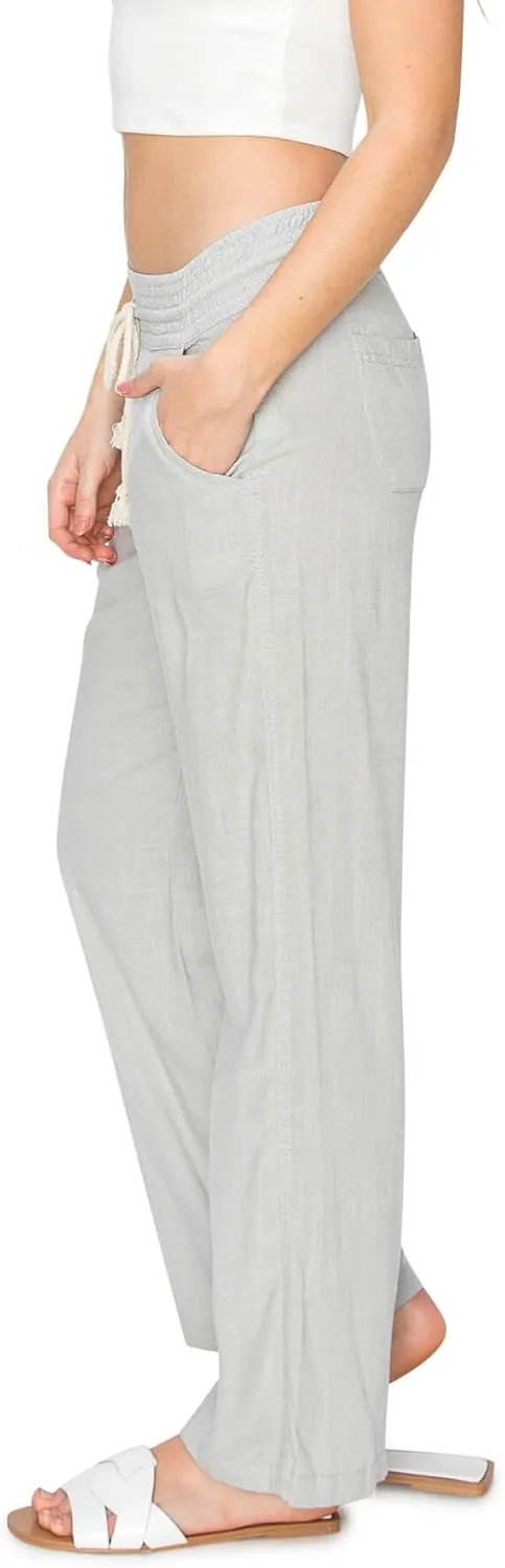 Cali1850 Women's Casual Relaxed Fit 29" Inseam Drawstring High Rise Smocked Linen Pants for Lounge and Beach Wear