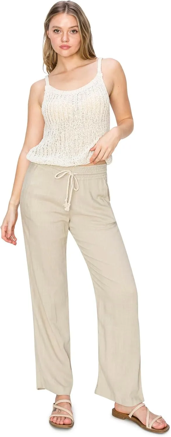 Cali1850 Women's Casual Relaxed Fit 29" Inseam Drawstring High Rise Smocked Linen Pants for Lounge and Beach Wear