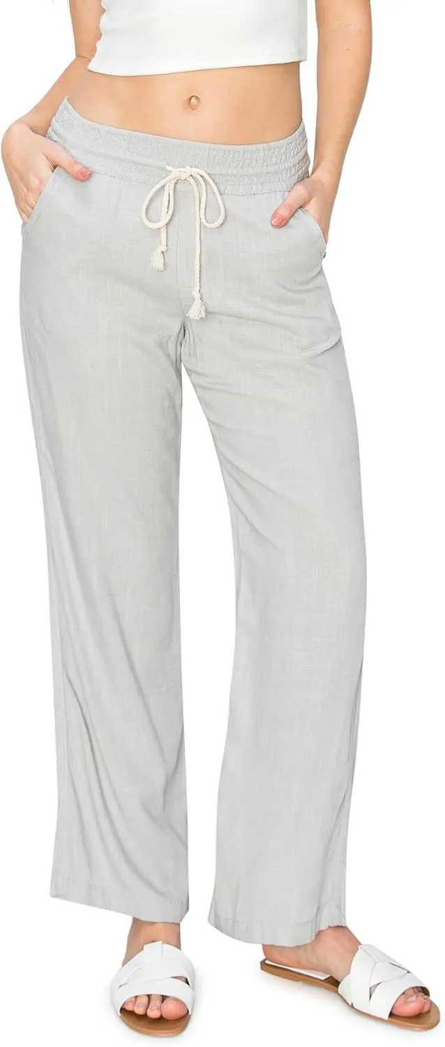 Cali1850 Women's Casual Relaxed Fit 29" Inseam Drawstring High Rise Smocked Linen Pants for Lounge and Beach Wear