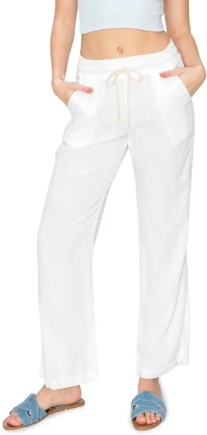 Cali1850 Women's Casual Relaxed Fit 29" Inseam Drawstring High Rise Smocked Linen Pants for Lounge and Beach Wear